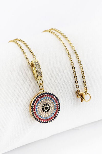 Paslanmaz Çelik Gold Renkli Parlak Taşlı Zirkon Çelik Kolye , Hediyelik Kolye (60 cm)