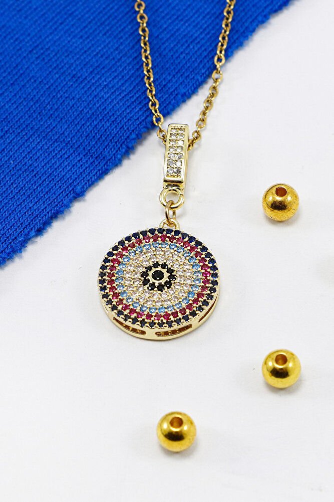 Paslanmaz Çelik Gold Renkli Parlak Taşlı Zirkon Çelik Kolye , Hediyelik Kolye (60 cm)