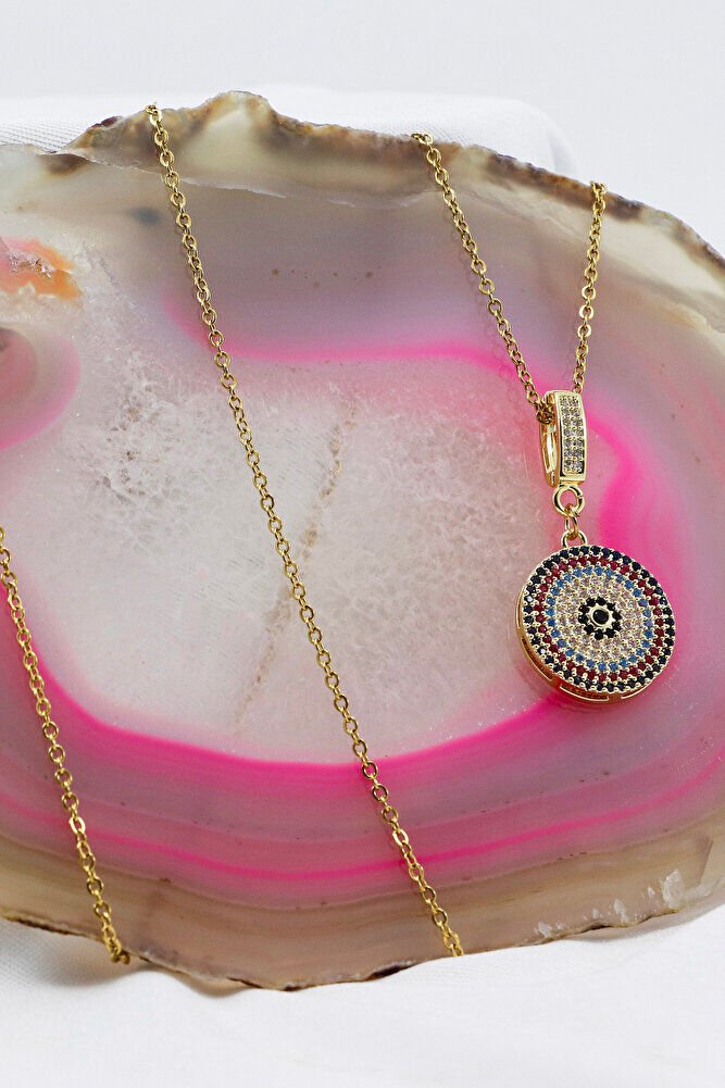 Paslanmaz Çelik Gold Renkli Parlak Taşlı Zirkon Çelik Kolye , Hediyelik Kolye (60 cm)