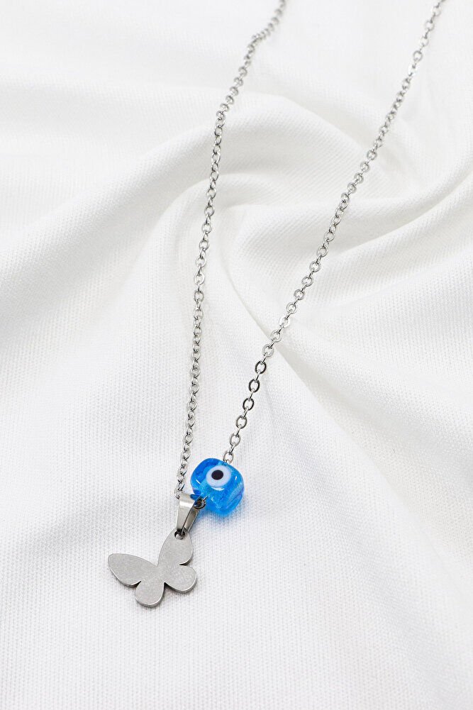 Paslanmaz Çelik Gümüş Renkli Kelebek Kare Cam Nazar Boncuklu Çelik Kolye , Hediyelik Kolye (60 cm)