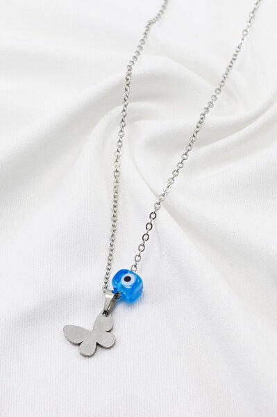 Paslanmaz Çelik Gümüş Renkli Kelebek Kare Cam Nazar Boncuklu Çelik Kolye , Hediyelik Kolye (60 cm)