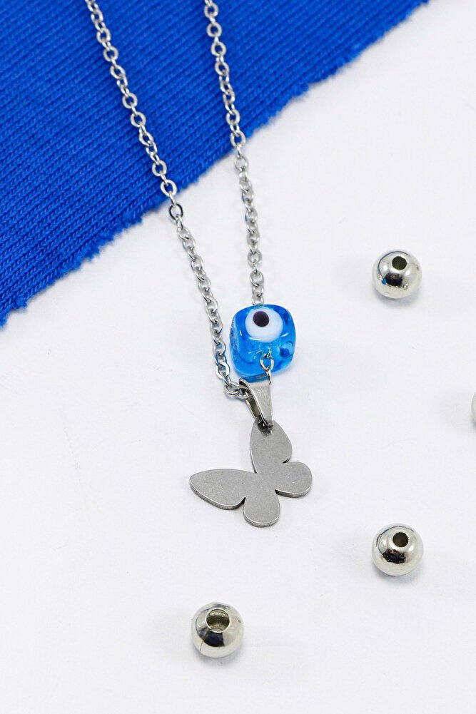 Paslanmaz Çelik Gümüş Renkli Kelebek Kare Cam Nazar Boncuklu Çelik Kolye , Hediyelik Kolye (60 cm)