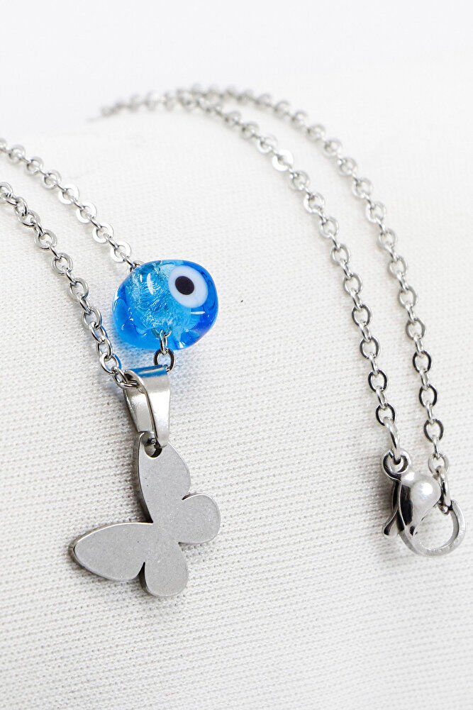 Paslanmaz Çelik Gümüş Renkli Kelebek Kare Cam Nazar Boncuklu Çelik Kolye , Hediyelik Kolye (60 cm)