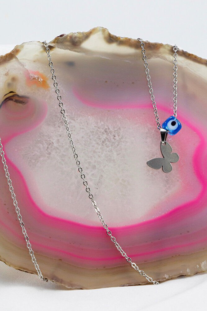 Paslanmaz Çelik Gümüş Renkli Kelebek Kare Cam Nazar Boncuklu Çelik Kolye , Hediyelik Kolye (60 cm)