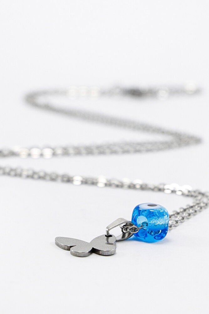 Paslanmaz Çelik Gümüş Renkli Kelebek Kare Cam Nazar Boncuklu Çelik Kolye , Hediyelik Kolye (60 cm)