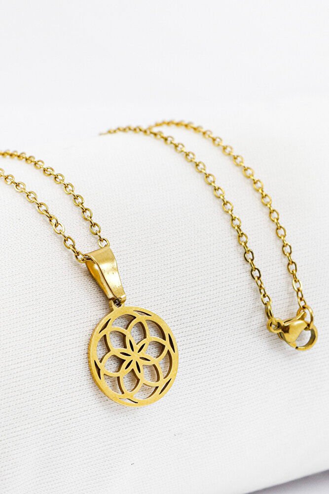 Paslanmaz Çelik Gold Renkli Lotus Çiçeği Çelik Kolye , Hediyelik Kolye (60 cm)