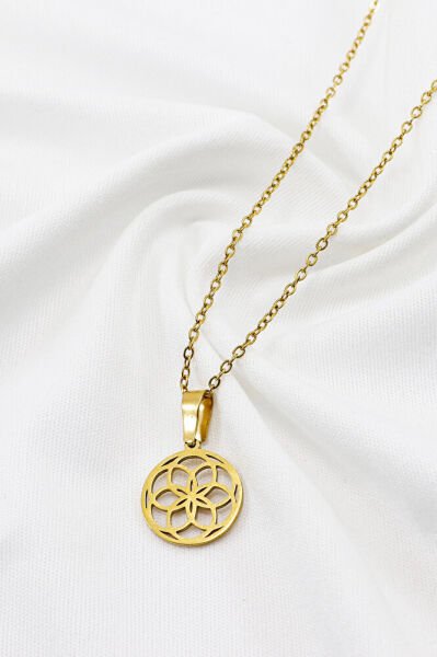Paslanmaz Çelik Gold Renkli Lotus Çiçeği Çelik Kolye , Hediyelik Kolye (60 cm)