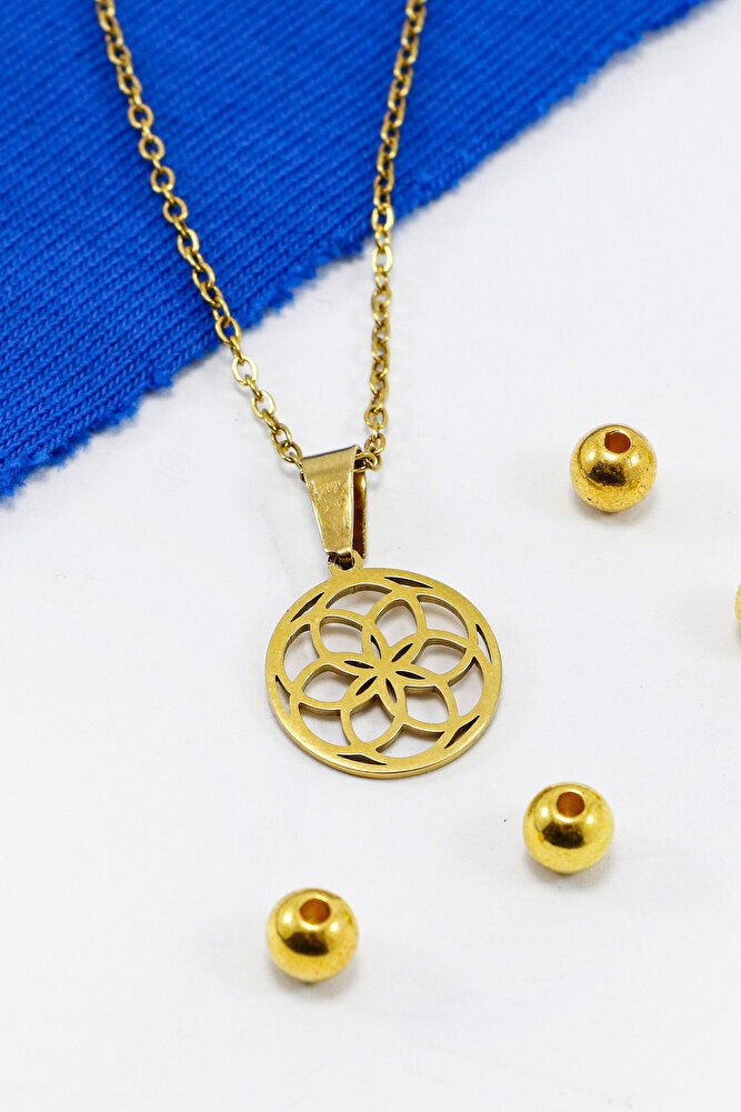 Paslanmaz Çelik Gold Renkli Lotus Çiçeği Çelik Kolye , Hediyelik Kolye (60 cm)