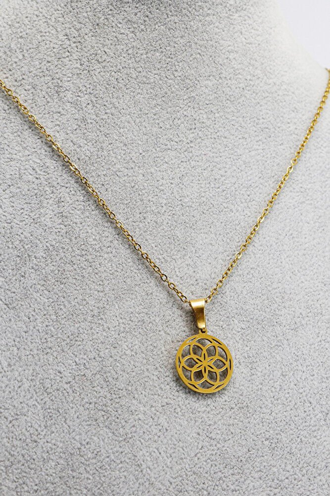Paslanmaz Çelik Gold Renkli Lotus Çiçeği Çelik Kolye , Hediyelik Kolye (60 cm)