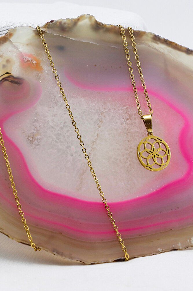 Paslanmaz Çelik Gold Renkli Lotus Çiçeği Çelik Kolye , Hediyelik Kolye (60 cm)