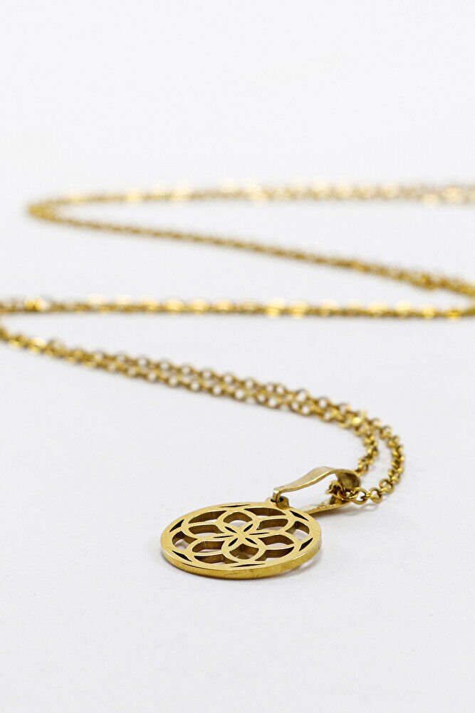 Paslanmaz Çelik Gold Renkli Lotus Çiçeği Çelik Kolye , Hediyelik Kolye (60 cm)