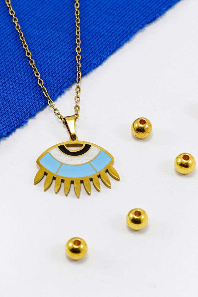 Paslanmaz Çelik Gold Renkli Nazarlı Göz Figürlü Çelik Kolye , Hediyelik Kolye (60 cm)