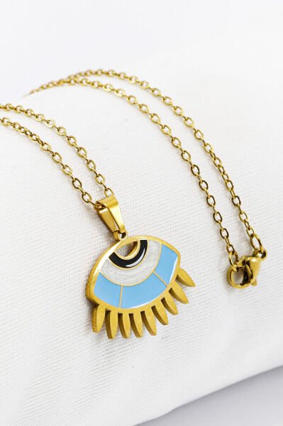 Paslanmaz Çelik Gold Renkli Nazarlı Göz Figürlü Çelik Kolye , Hediyelik Kolye (60 cm)
