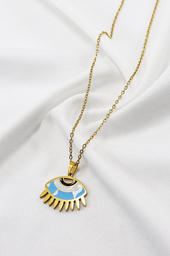 Paslanmaz Çelik Gold Renkli Nazarlı Göz Figürlü Çelik Kolye , Hediyelik Kolye (60 cm)