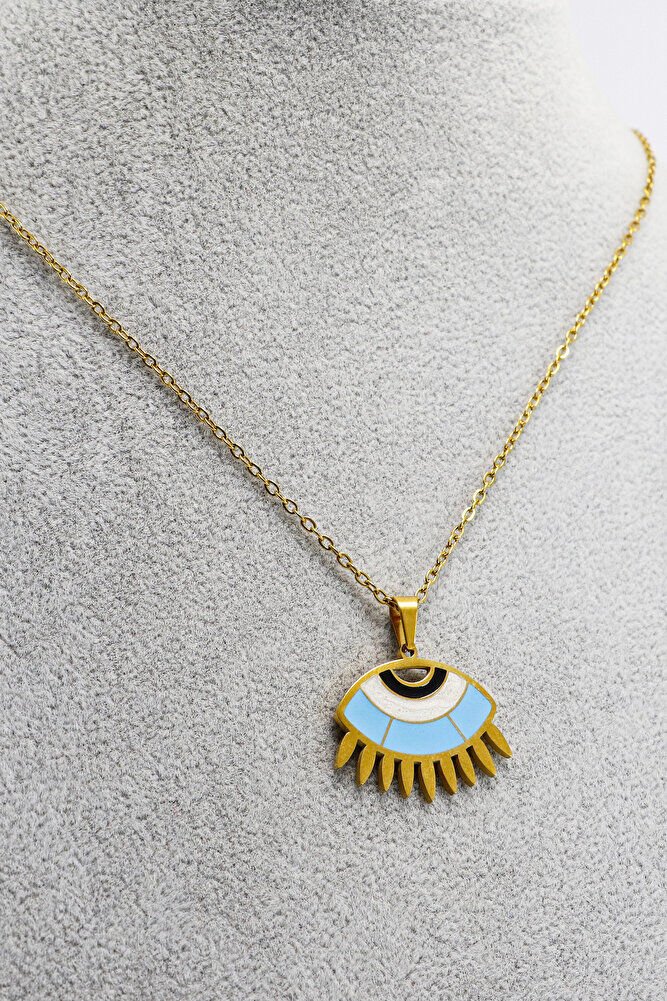 Paslanmaz Çelik Gold Renkli Nazarlı Göz Figürlü Çelik Kolye , Hediyelik Kolye (60 cm)
