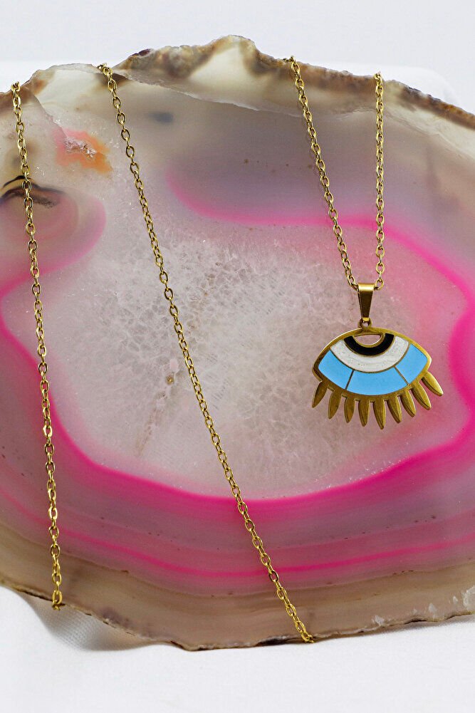 Paslanmaz Çelik Gold Renkli Nazarlı Göz Figürlü Çelik Kolye , Hediyelik Kolye (60 cm)