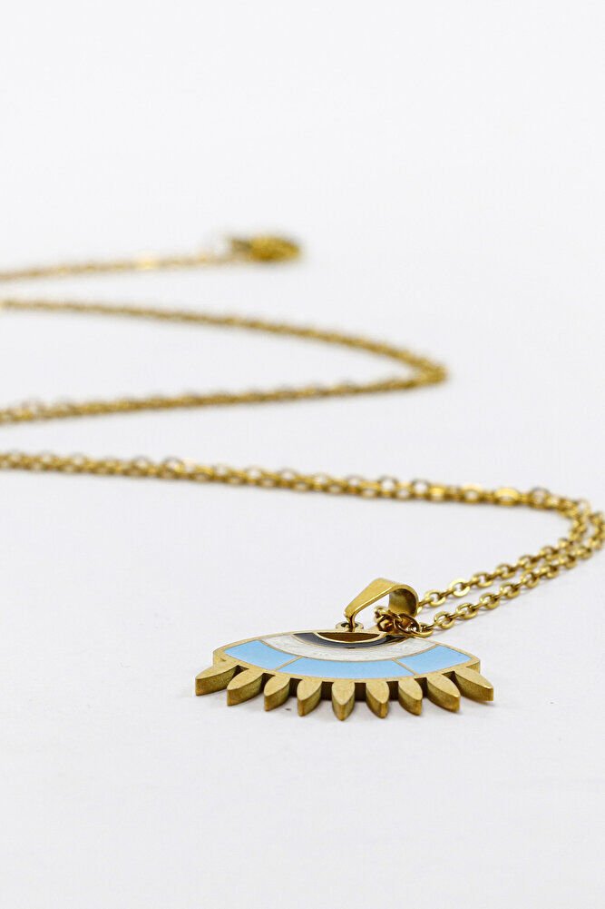 Paslanmaz Çelik Gold Renkli Nazarlı Göz Figürlü Çelik Kolye , Hediyelik Kolye (60 cm)