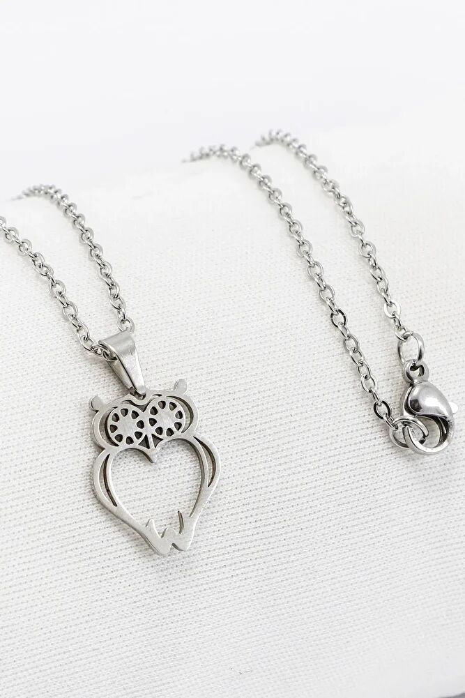 Paslanmaz Çelik Gümüş Renkli Küçük Baykuşlu Çelik Kolye , Hediyelik Kolye (60 cm)