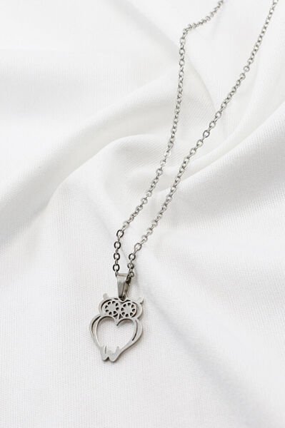 Paslanmaz Çelik Gümüş Renkli Küçük Baykuşlu Çelik Kolye , Hediyelik Kolye (60 cm)