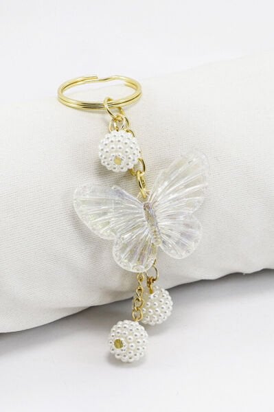 Gold Halkalı Salkım İncili Böğürtlen Şeffaf Kelebekli Anahtarlık, Hediyelik Şık Çanta Süsü