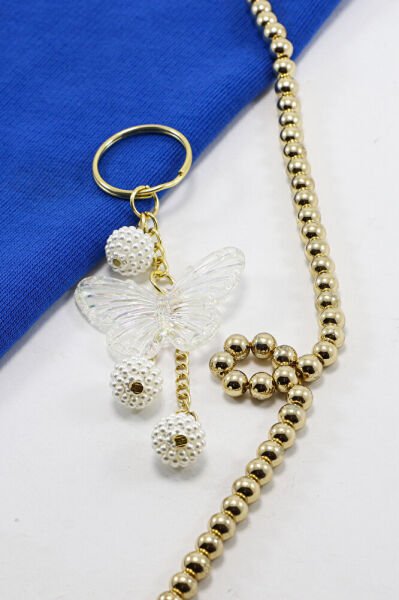 Gold Halkalı Salkım İncili Böğürtlen Şeffaf Kelebekli Anahtarlık, Hediyelik Şık Çanta Süsü