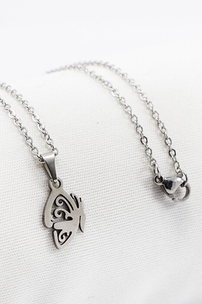 Paslanmaz Çelik Gümüş Renkli Kelebek Kanadı Çelik Kolye , Hediyelik Kolye (60 cm)