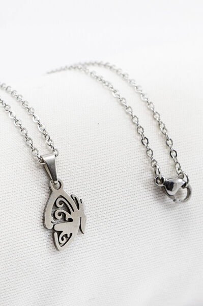 Paslanmaz Çelik Gümüş Renkli Kelebek Kanadı Çelik Kolye , Hediyelik Kolye (60 cm)