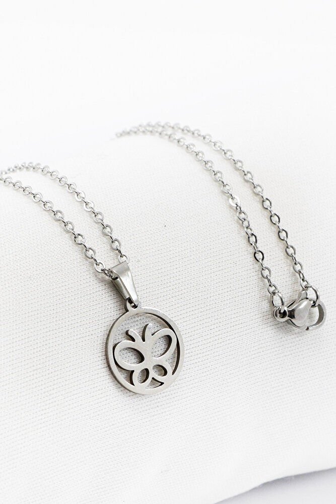 Paslanmaz Çelik Gümüş Renkli Küçük Kelebek Çelik Kolye , Hediyelik Kolye (60 cm)