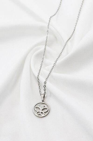 Paslanmaz Çelik Gümüş Renkli Küçük Kelebek Çelik Kolye , Hediyelik Kolye (60 cm)