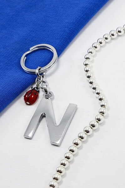 El Yapımı Kırmızı Cam Uğur Böcekli Gümüş Renkli Metal N Harfi Anahtarlık
