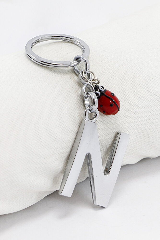 El Yapımı Kırmızı Cam Uğur Böcekli Gümüş Renkli Metal N Harfi Anahtarlık