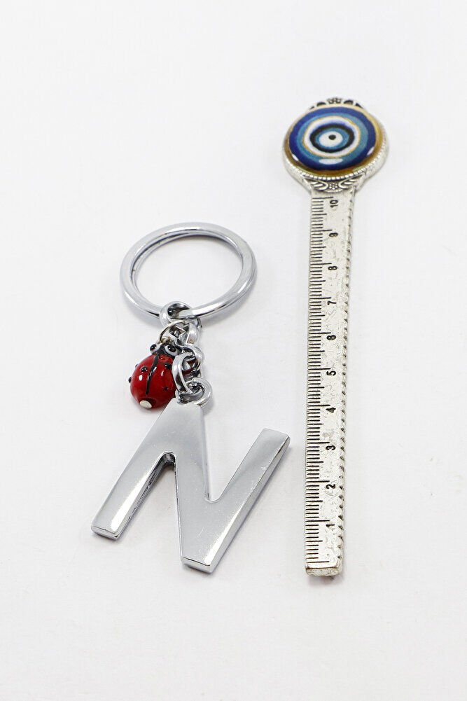 El Yapımı Kırmızı Cam Uğur Böcekli Gümüş Renkli Metal N Harfi Anahtarlık