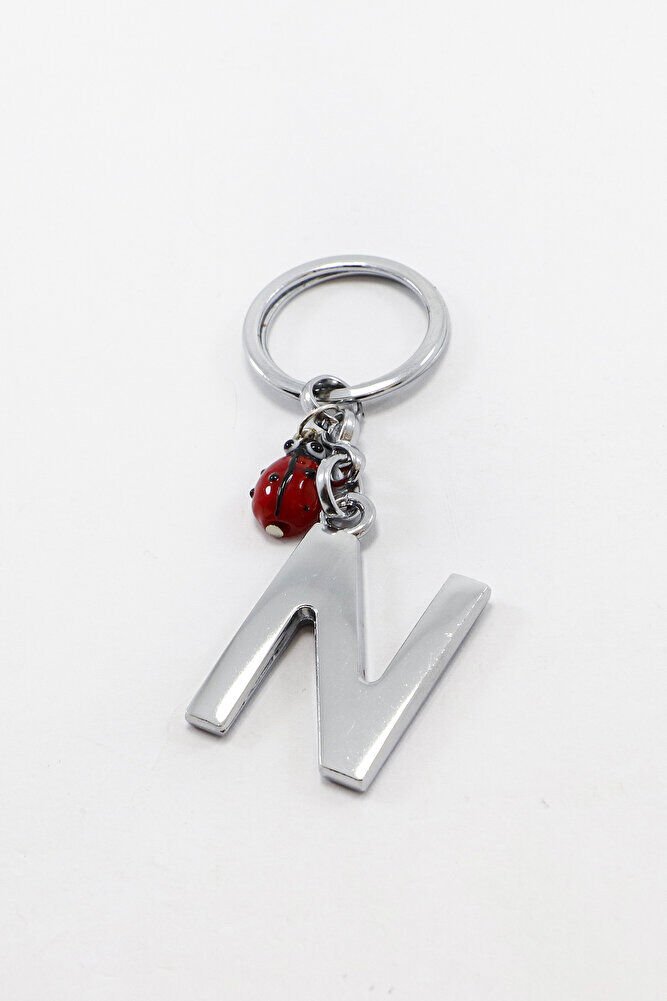 El Yapımı Kırmızı Cam Uğur Böcekli Gümüş Renkli Metal N Harfi Anahtarlık