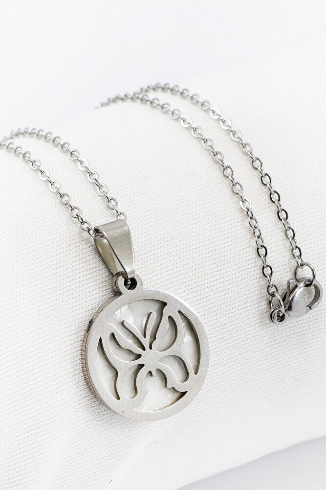 Paslanmaz Çelik Gümüş Renkli Sedefli Kelebek Çelik Kolye , Hediyelik Kolye (60 cm)