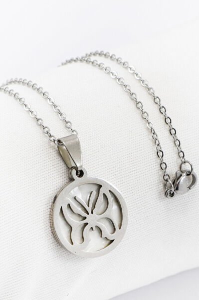 Paslanmaz Çelik Gümüş Renkli Sedefli Kelebek Çelik Kolye , Hediyelik Kolye (60 cm)