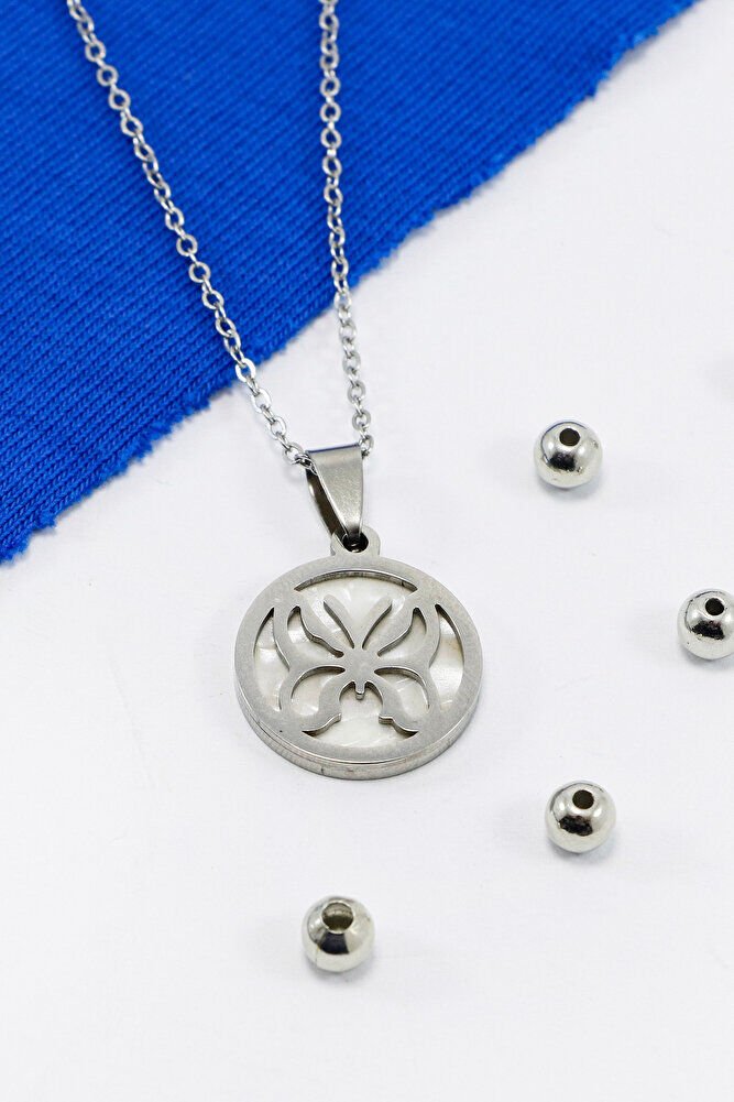 Paslanmaz Çelik Gümüş Renkli Sedefli Kelebek Çelik Kolye , Hediyelik Kolye (60 cm)