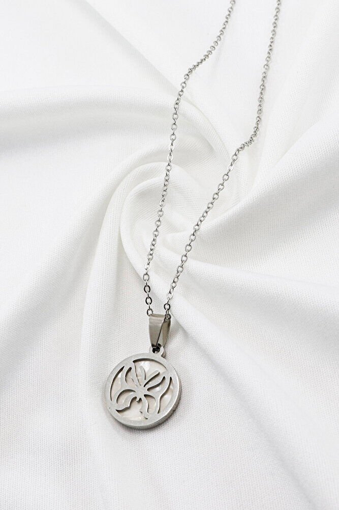 Paslanmaz Çelik Gümüş Renkli Sedefli Kelebek Çelik Kolye , Hediyelik Kolye (60 cm)