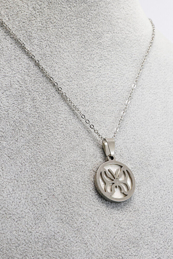 Paslanmaz Çelik Gümüş Renkli Sedefli Kelebek Çelik Kolye , Hediyelik Kolye (60 cm)