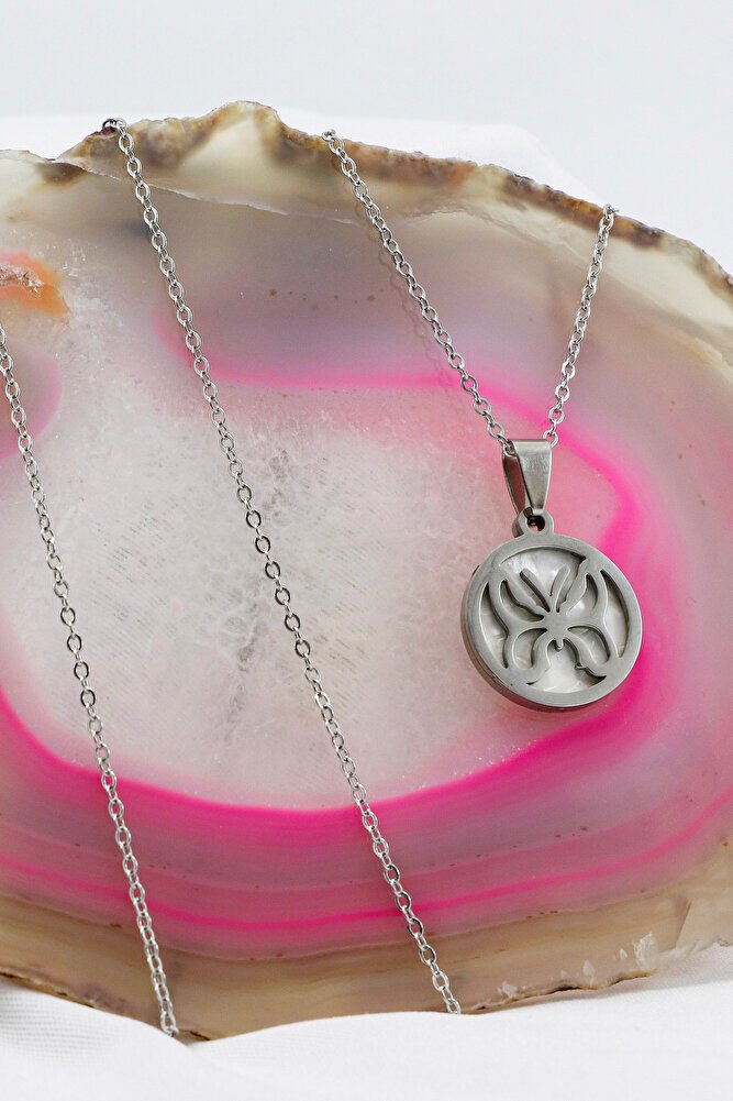 Paslanmaz Çelik Gümüş Renkli Sedefli Kelebek Çelik Kolye , Hediyelik Kolye (60 cm)