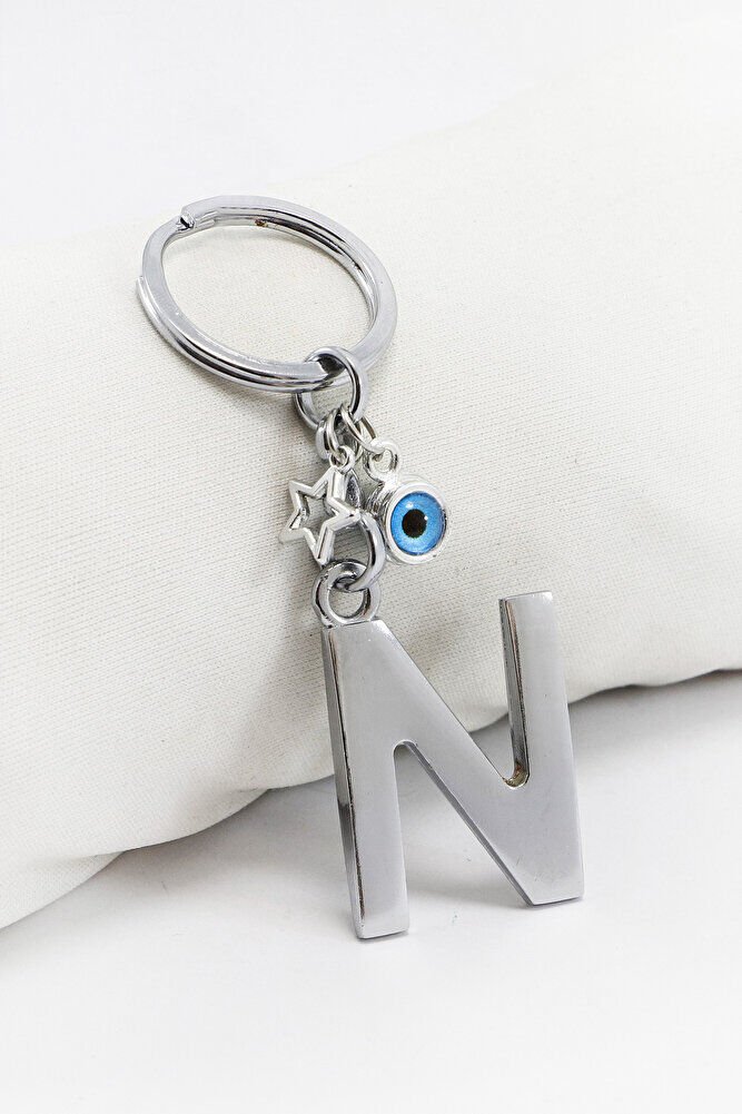 Çerçeveli Nazarlı Minik Yıldızlı Gümüş Renkli Metal N Harfi Anahtarlık