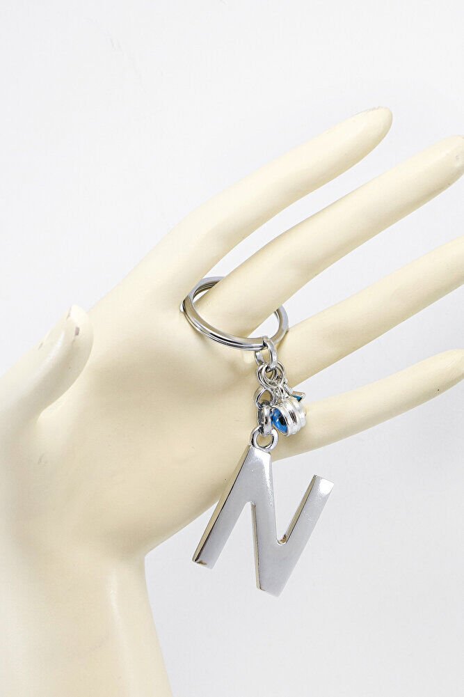 Çerçeveli Nazarlı Minik Yıldızlı Gümüş Renkli Metal N Harfi Anahtarlık