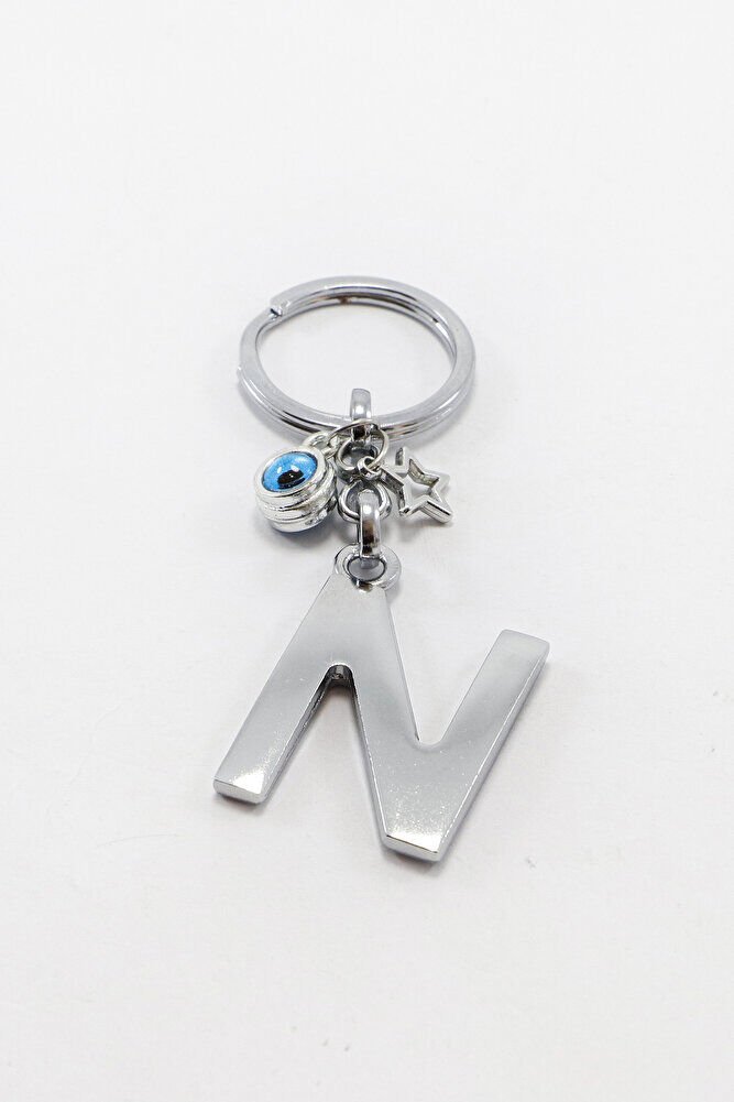 Çerçeveli Nazarlı Minik Yıldızlı Gümüş Renkli Metal N Harfi Anahtarlık