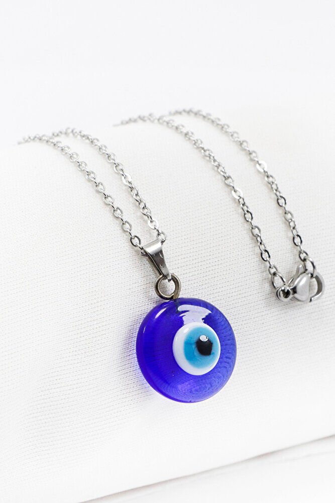 Paslanmaz Çelik Gümüş Renk El Yapımı Cam Nazar Boncuklu Çelik Kolye , Hediyelik Kolye (60 cm)