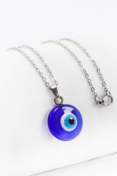 Paslanmaz Çelik Gümüş Renk El Yapımı Cam Nazar Boncuklu Çelik Kolye , Hediyelik Kolye (60 cm)