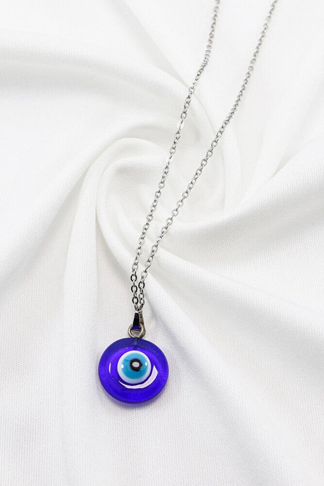 Paslanmaz Çelik Gümüş Renk El Yapımı Cam Nazar Boncuklu Çelik Kolye , Hediyelik Kolye (60 cm)