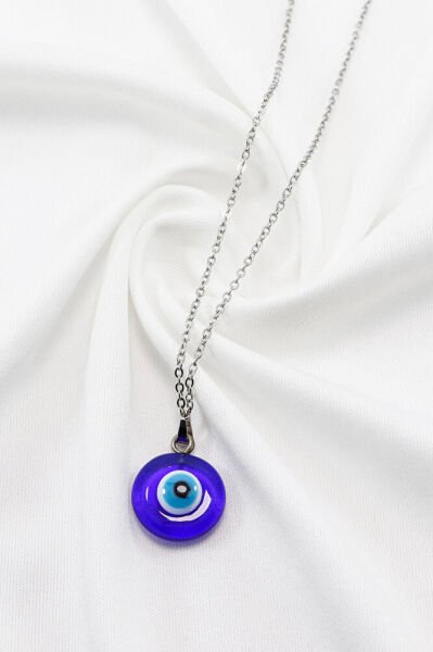 Paslanmaz Çelik Gümüş Renk El Yapımı Cam Nazar Boncuklu Çelik Kolye , Hediyelik Kolye (60 cm)