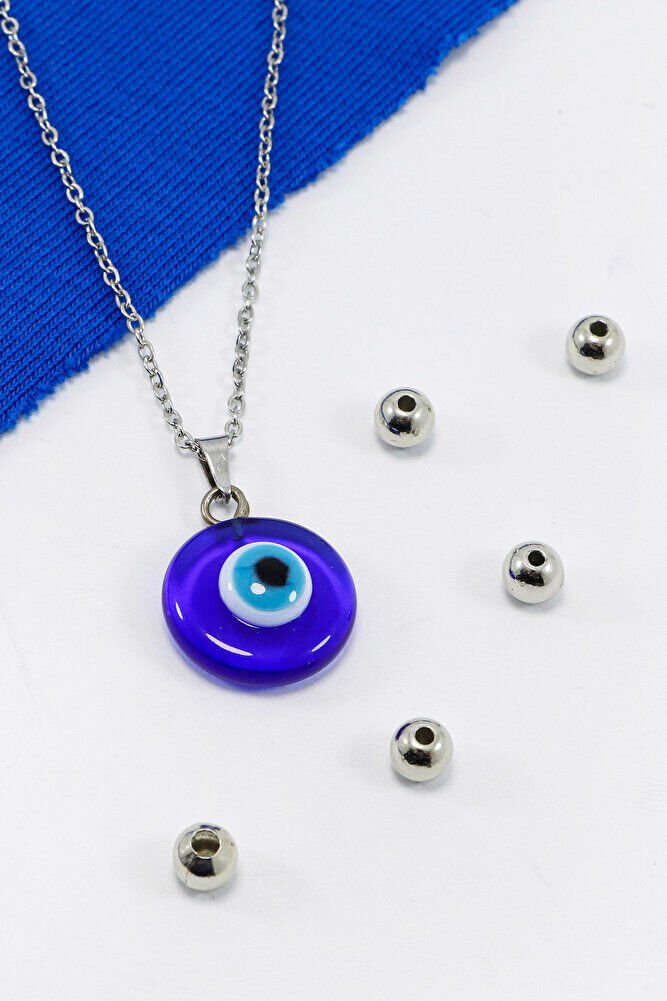 Paslanmaz Çelik Gümüş Renk El Yapımı Cam Nazar Boncuklu Çelik Kolye , Hediyelik Kolye (60 cm)