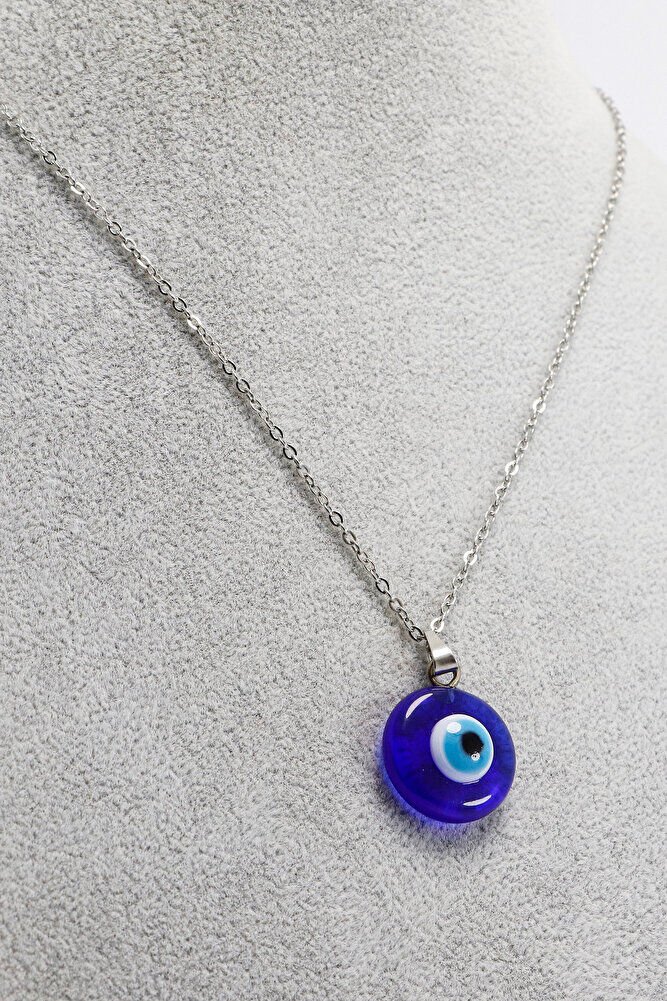 Paslanmaz Çelik Gümüş Renk El Yapımı Cam Nazar Boncuklu Çelik Kolye , Hediyelik Kolye (60 cm)