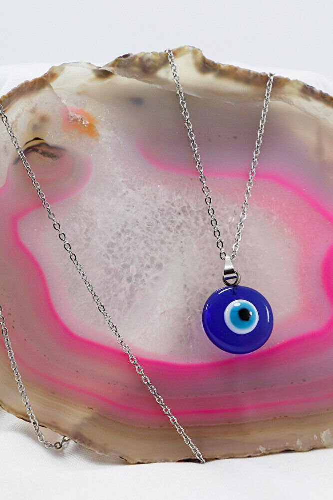 Paslanmaz Çelik Gümüş Renk El Yapımı Cam Nazar Boncuklu Çelik Kolye , Hediyelik Kolye (60 cm)