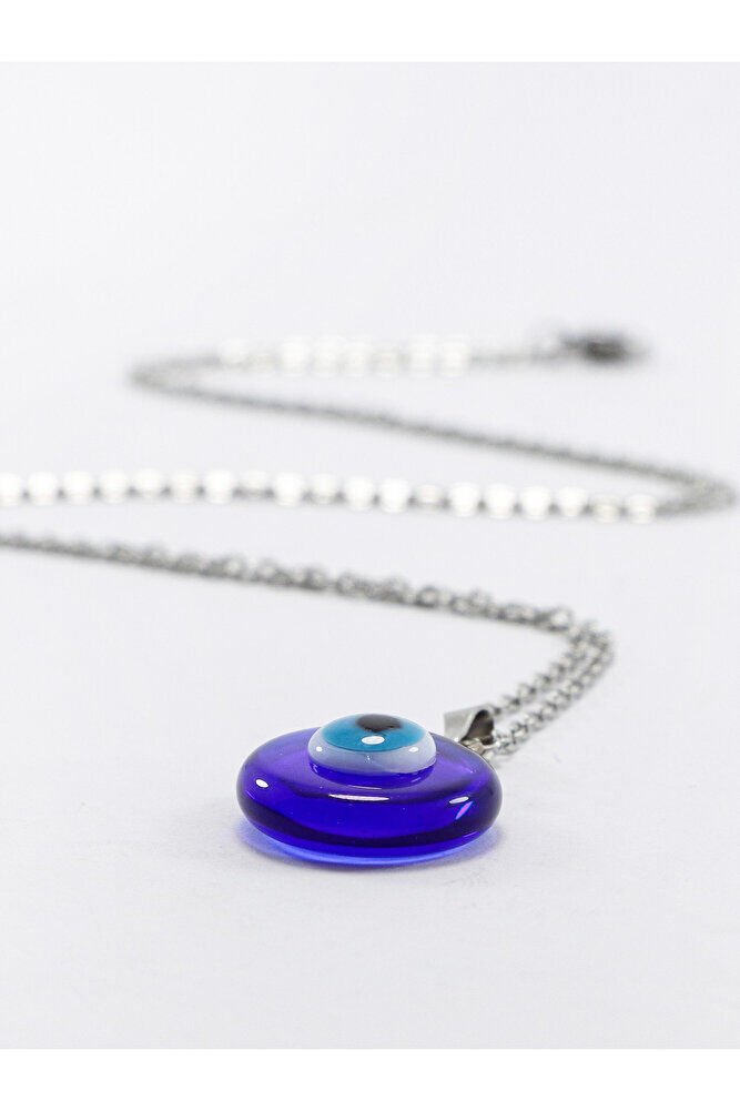 Paslanmaz Çelik Gümüş Renk El Yapımı Cam Nazar Boncuklu Çelik Kolye , Hediyelik Kolye (60 cm)